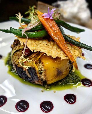 Vegetable terrine - quinoa stuffed, parmesan crisp, arugula pesto