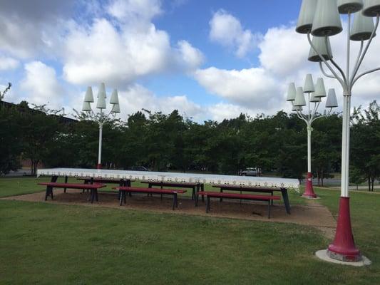 The lovely picnic table, community art north of the Pfluger bridge.