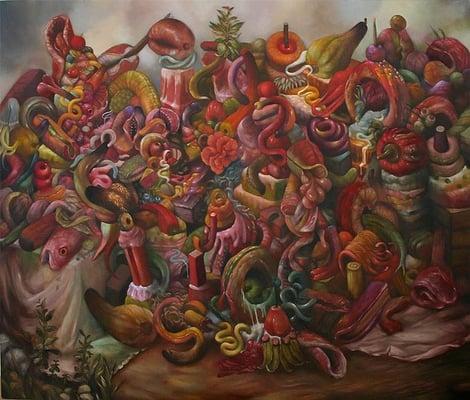 GREGORY JACOBSEN, "Squirming Pile" oil on panel, 24"h. x 28"w., courtesy ZG Gallery, Chicago