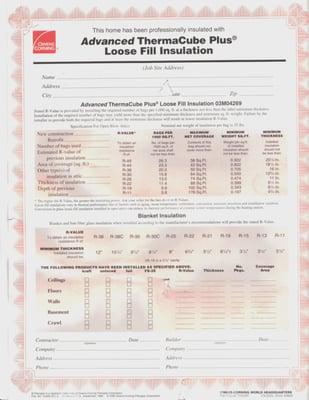 Paperwork from 1996 - Shows install for Schmidt Builders, 12.75" fiberglass for R30 value by 31W Insulation of Middletown