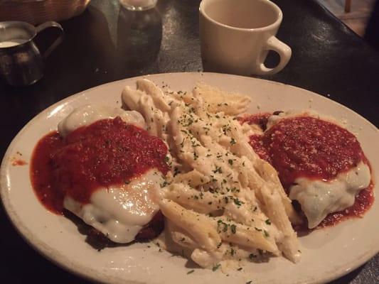 Veal Parmesan with Alfredo sauce on the ziti