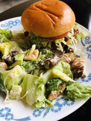 Burger with Caesar Salad