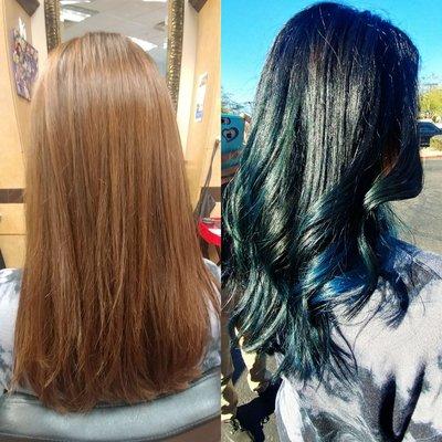 Love this blue black balayage transformatuon! #bluehair #Balayage #glendalesalon