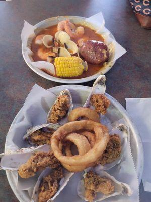 Fried oyster basket and 1/2 shrimp and clams boil.