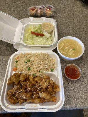 Sesame Chicken Combination with Fried Rice, Salad, Soup, and Egg Roll