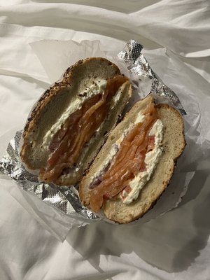 smoked salmon bagel sandwich on an everything bagel - original cream cheese