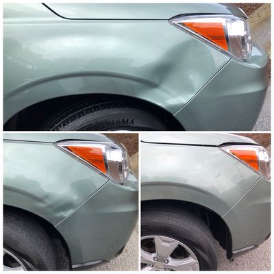 2015 Subaru Forester severely dented fender w/mid repair & after shots