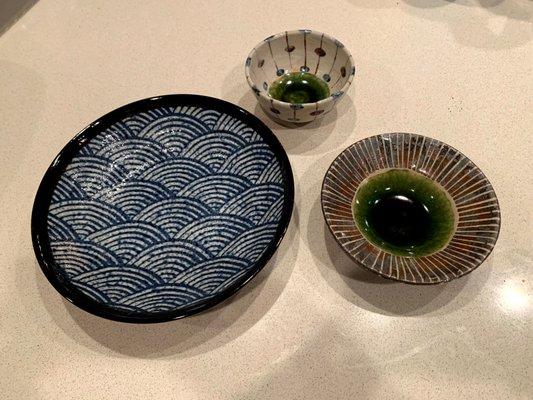 Seigaiha: left bottom big plate, and two Oribes one for rice bowl on the top.