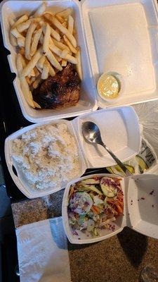 Pollo a la brasa, rice,  salad,  fries