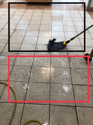 In action floor scrubbing!  Black section is complete red section is not yet complete! Look at the difference!