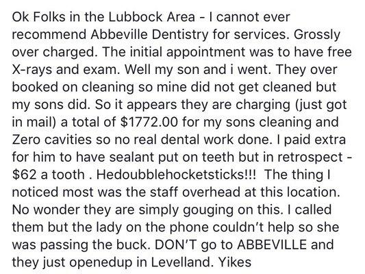 Grossly overpriced Large overhead on staffing personnel. $1772 for one dental cleaning as the initial X-ray and exam are free as advertised