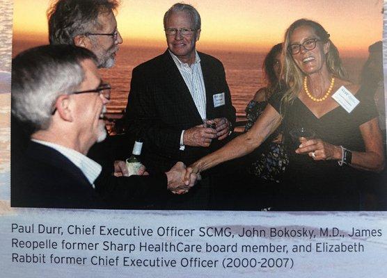 Paul Durr (CEO SCMG), Dr. John Bokowsky, Jim Reopelle (Chairman Emeritus Sharp Healthcare Foundation) & Elizabeth Rabbit (former CEO SCMG)