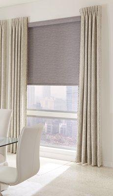 Roller shades with curtain panels