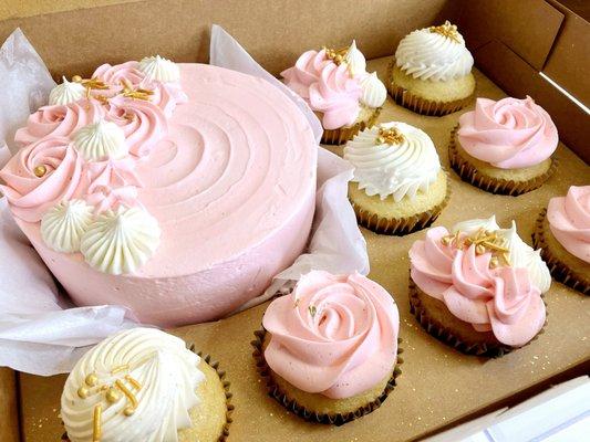 Dessert Box featuring a mini cake as well as 8 cupcakes. You pick your flavor and one color to pair with white.