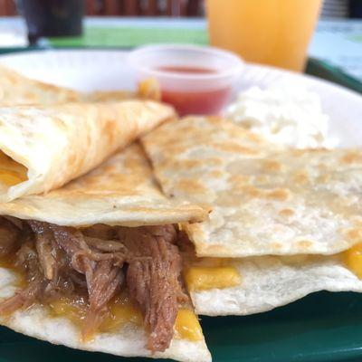 Close up of the spiced shredded pork (barbacoa) in the quesadilla.