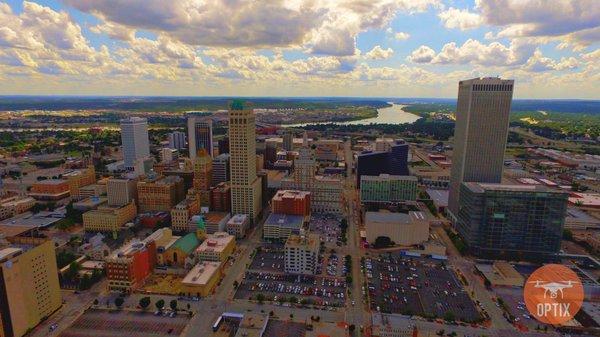 Philtower and downtown Tulsa on a cloudy day from above.