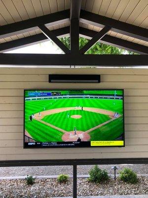 Now is the time to do that TV outdoor space you've been waiting for! Here we added a 75" TV to the customers outdoor cigar bar!