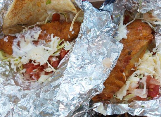 Beer-battered fish tacos.