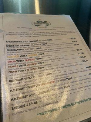 Spirits menu