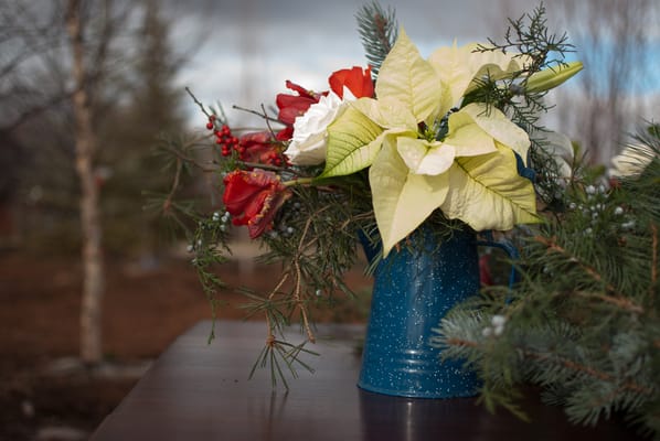 A rustic centerpiece for your home or holiday event/wedding designed in an antique coffee pot.