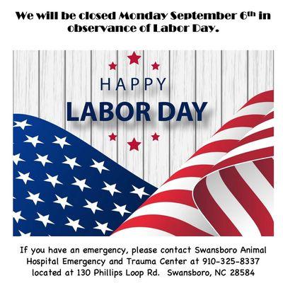 We will be closed Monday September 6th in observance of Labor Day.