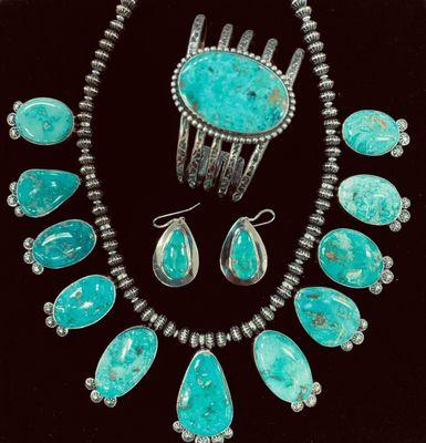 Handmade Turquoise Necklace, Earrings, and Bracelet by the Navajo Teller family