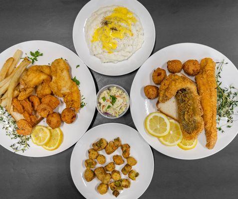 whiting , catfish, fried okra, grits, coleslaw, fries