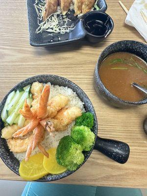 Shrimp tempura rice bowl comes with miso soup