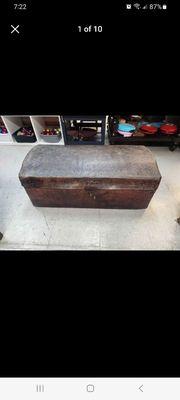 $975 vintage antique spanish colonial tooled leather trunk. estimated 1700s-1900s