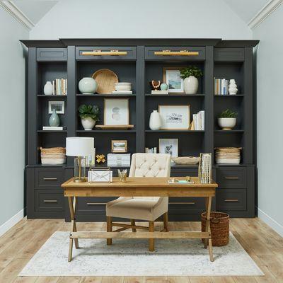 This Home Office in our Charcoal finish with a free-standing natural wood grain desk is on trend!