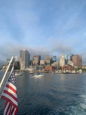 View of Boston skyline from MBTA's Long Wharf ferry terminal (dock).