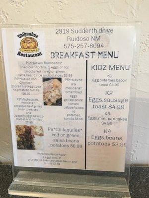 Breakfast menu