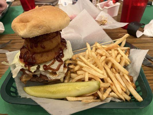 The Griffin burger with shoe string fries