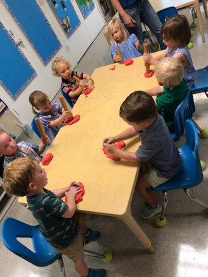 Working with play dough helps us get our fingers ready for writing in Kindergarten.