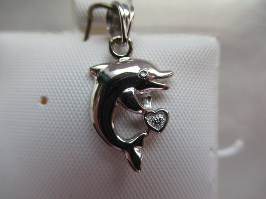 14k White Gold Dolphin with Diamond Accent Pendant