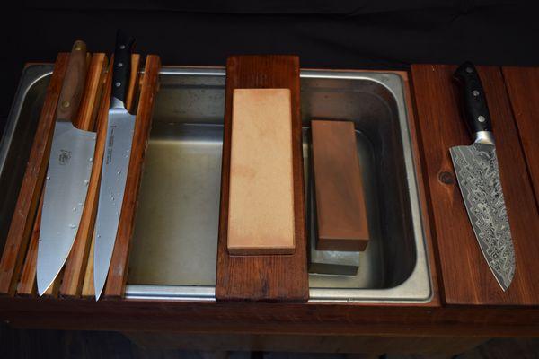 Here is a look at my water stone sharpening station. I use various stones when hand sharpening to give you the best edge possible.