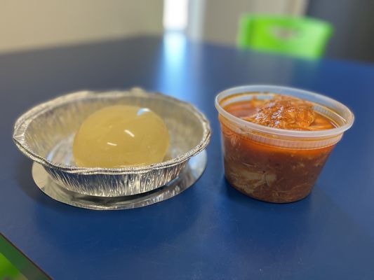 Fufu on the left, chicken tomato soup on the right. Both delicious!