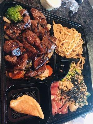 Beef Pokeyaki Combo - teriyaki beef, lo mein noodles, dumpling, tuna poke