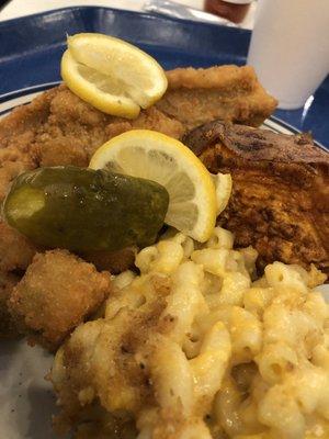 Fried Fish, Mac & Cheese, Fried Okra, pickles, and Sweet Potatoes.. Carb Bomb!! Delicious