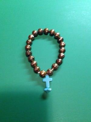 Brass rose bead, blue cross Rosary bracelet.