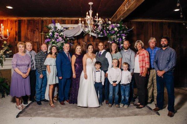 Family photo with Bride and Groom at Bilbrey Farms