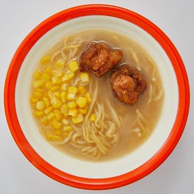 Kids Ramen - Half-portion of paitan chicken ramen, served with buttered corn and Japanese fried chicken.