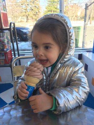 Chocolate soft serve  perfect for a three year old.