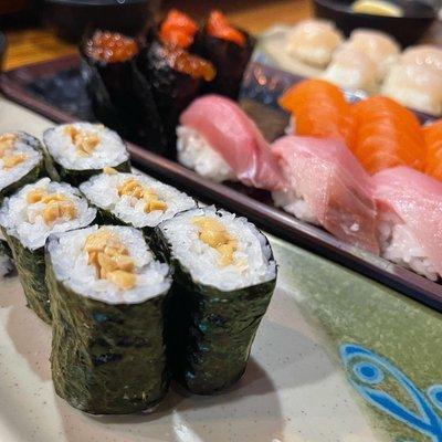 Natto, yellow tail, ikura and fresh scallops nigiri.