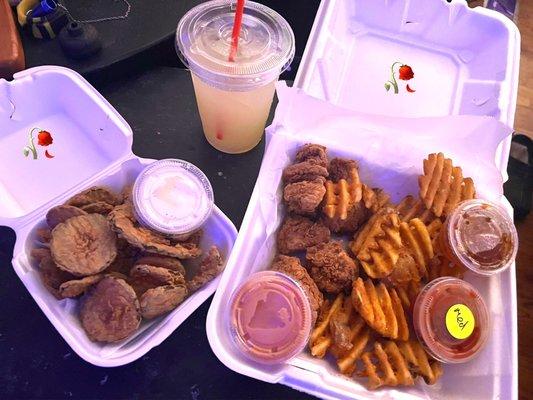 Fried pickles, nuggets, fries. Ranch, nugsauce, medium, jalapeño honey. Hand-squeezed lemonade.