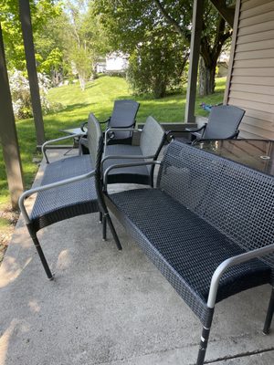 Deck furniture dumped in a pile, not set up for our stay