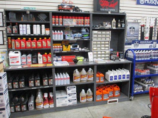 Oils, cleaners, fuel stabilizers, and small hardware parts.