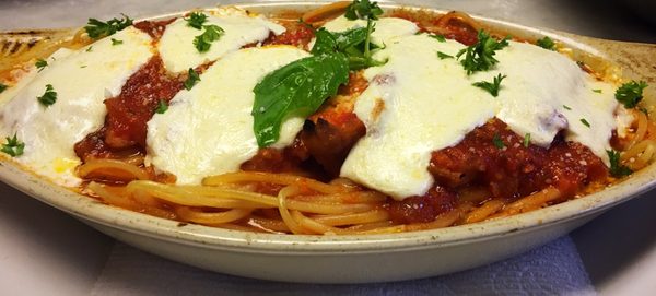 Spaghetti with Eggplant Parmigiana with fresh homemade mozzarella and just-picked basil