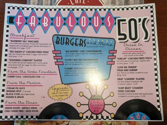 Fabulous 50's special menu 5/29/2024