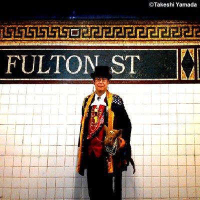 FULTON STREET subway station. Manhattan, NY. Dr. Takeshi Yamada & Seara (Coney Island sea rabbit). The quiet station platform at night.